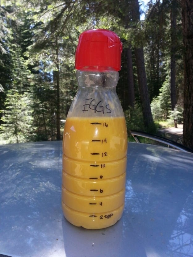 DIY Camping Hacks - Pre-Scrambled Eggs in a Bottle for No-Mess Camping Food - Easy Tips and Tricks, Recipes for Camping - Gear Ideas, Cheap Camping Supplies, Tutorials for Making Quick Camping Food, Fire Starters, Gear Holders #diy #camping