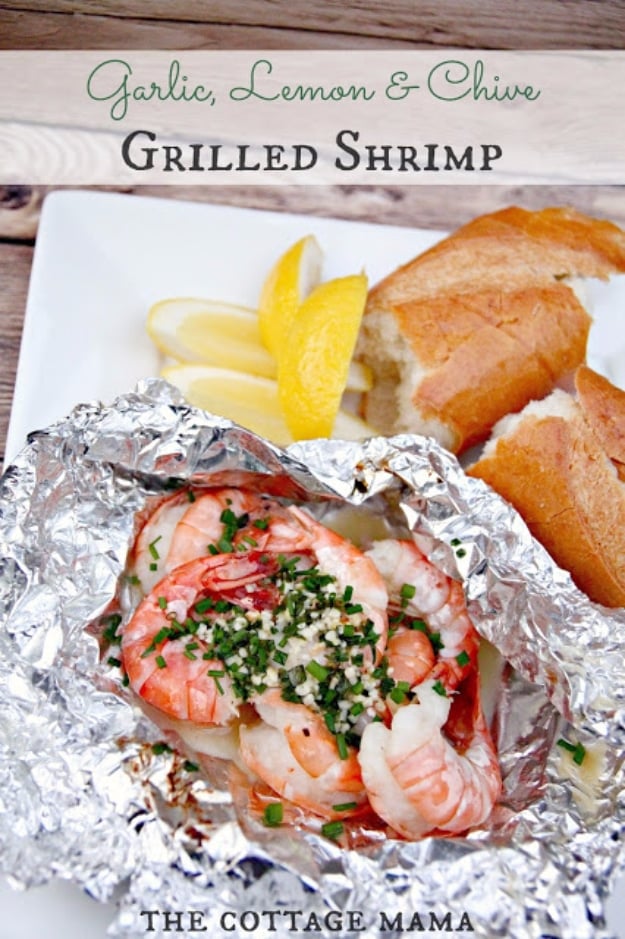 DIY Tin Foil Camping Recipes - Garlic Lemon And Chive Grilled Shrimp - Tin Foil Dinners, Ideas for Camping Trips healthy Easy Make Ahead Recipe Ideas for the Campfire. Breakfast, Lunch, Dinner and Dessert, #recipes #camping