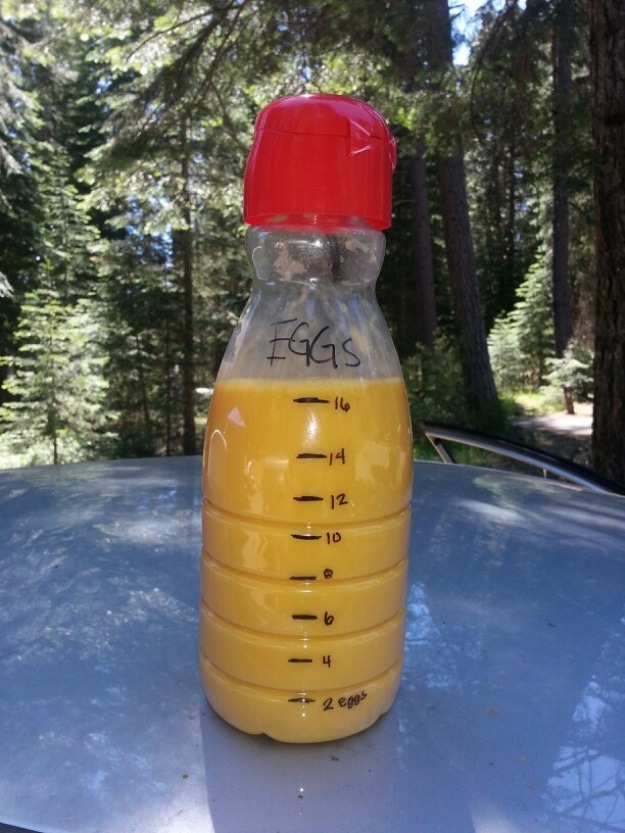 Easy DIY Cooking Ideas for Camping - Pre-Scrambled Eggs in a Bottle for No-Mess Camping Food - Easy Tips and Tricks, Recipes for Camping - Gear Ideas, Cheap Camping Supplies, Tutorials for Making Quick Camping Food, Fire Starters, Gear Holders #diy #camping