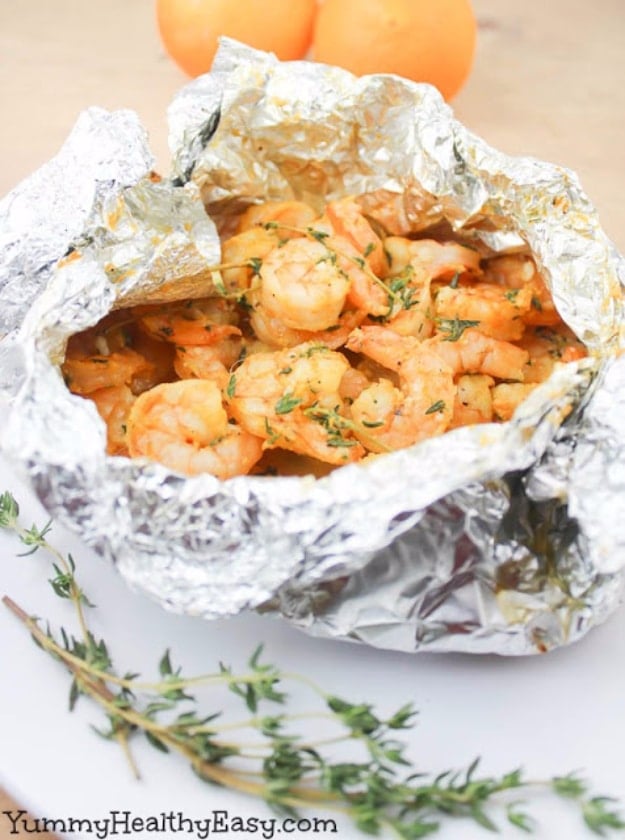 DIY Tin Foil Camping Recipes - Orange Thyme Grilled Shrimp In Foil Packets - Tin Foil Dinners, Ideas for Camping Trips healthy Easy Make Ahead Recipe Ideas for the Campfire. Breakfast, Lunch, Dinner and Dessert, #recipes #camping