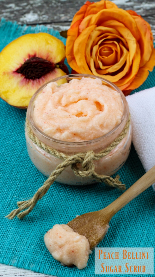 DIY Sugar Scrub Recipes - Peach Bellini Sugar Scrub - Easy and Quick Beauty Products You Can Make at Home - Cool and Cheap DIY Gift Ideas for Homemade Presents Women, Girls and Teens Love - Natural Recipe Ideas for Making Sugar Scrub With Step by Step Tutorials 