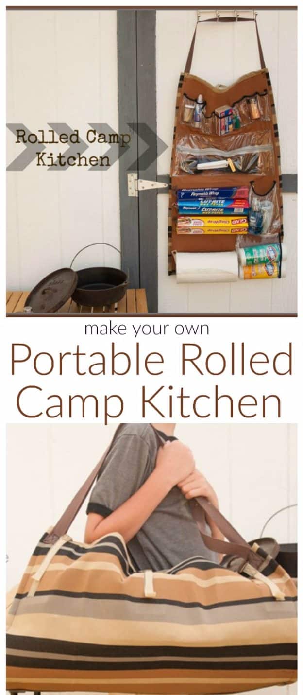DIY Camping Idea for Cooking - Rolled Portable Camp Kitchen for the Outdoors - Easy Tips and Tricks, Recipes for Camping - Gear Ideas, Cheap Camping Supplies, Tutorials for Making Quick Camping Food, Fire Starters, Gear Holders #diy #camping