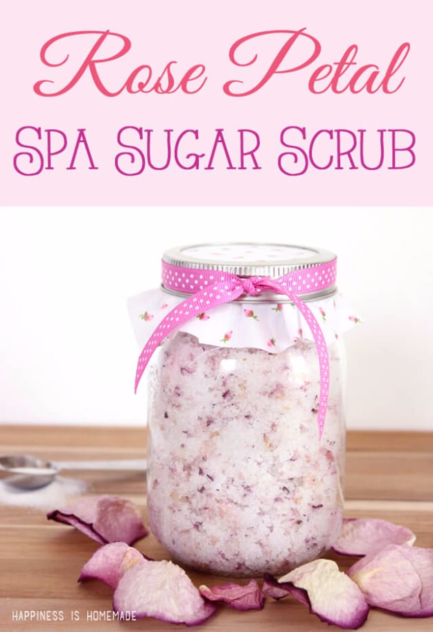 DIY Sugar Scrub Recipes - Rose Petal Spa Sugar Scrub - Easy and Quick Beauty Products You Can Make at Home - Cool and Cheap DIY Gift Ideas for Homemade Presents Women, Girls and Teens Love - Natural Recipe Ideas for Making Sugar Scrub With Step by Step Tutorials 