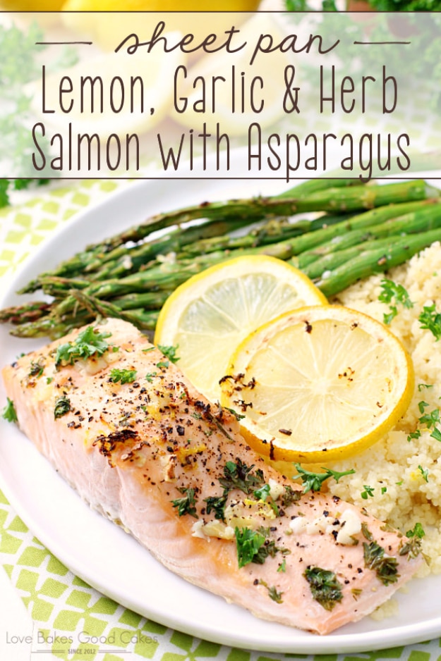Quick and Healthy Dinner Recipes - Sheet Pan Lemon, Garlic & Herb Salmon with Asparagus - Easy and Fast Recipe Ideas for Dinners at Home - Chicken, Beef, Ground Meat, Pasta and Vegetarian Options - Cheap Dinner Ideas for Family, for Two , for Last Minute Cooking #recipes #healthyrecipes