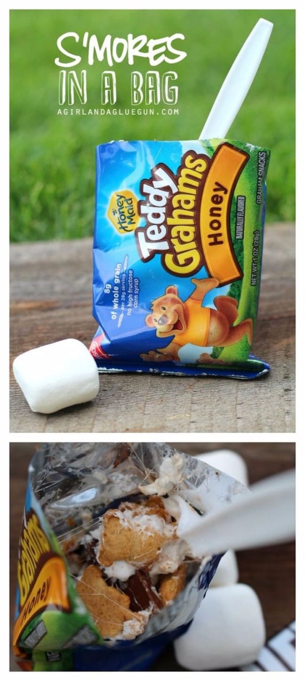 DIY Camping Hack Idea - S'mores In A Bag Campfire Treat - Easy Tips and Tricks, Recipes for Camping - Gear Ideas, Cheap Camping Supplies, Tutorials for Making Quick Camping Food, Fire Starters, Gear Holders #diy #camping