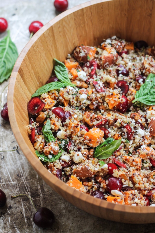 Healthy Lunch Ideas for Work - Sweet Potato Quinoa Salad with Cherries, Goat Cheese + Candied Walnuts - Quick and Easy Recipes You Can Pack for Lunches at the Office - Lowfat and Simple Ideas for Eating on the Job - Microwave, No Heat, Mason Jar Salads, Sandwiches, Wraps, Soups and Bowls 