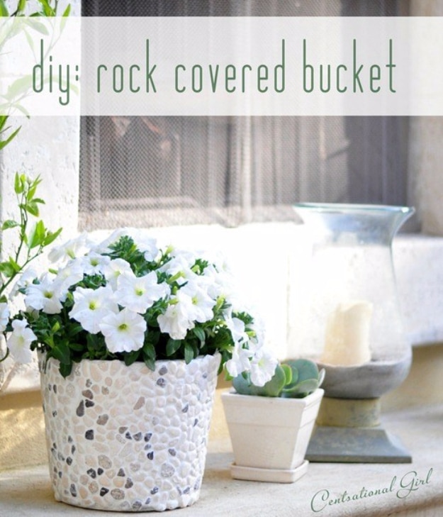 Pebble and Stone Crafts - DIY Rock Covered Bucket - DIY Ideas Using Rocks, Stones and Pebble Art - Mosaics, Craft Projects, Home Decor, Furniture and DIY Gifts You Can Make On A Budget #crafts