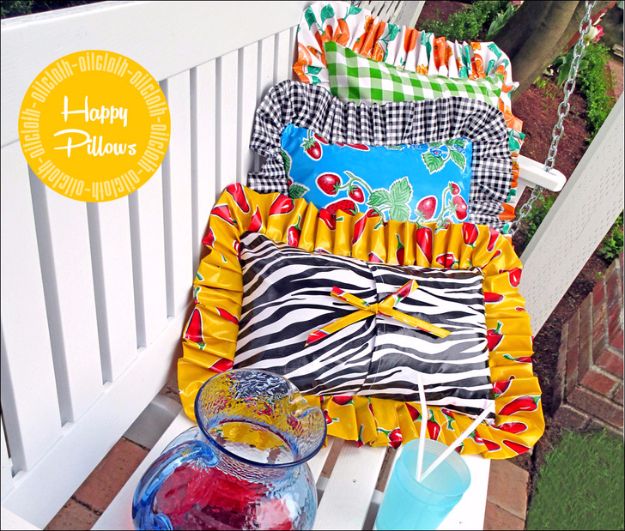 Sewing Projects for The Patio - Happy Oilcloth Pillows for Patio Living - Step by Step Instructions and Free Patterns for Cushions, Pillows, Seating, Sofa and Outdoor Patio Decor - Easy Sewing Tutorials for Beginners - Creative and Cheap Outdoor Ideas for Those Who Love to Sew - DIY Projects and Crafts by DIY JOY #diydecor #diyhomedecor #sewing