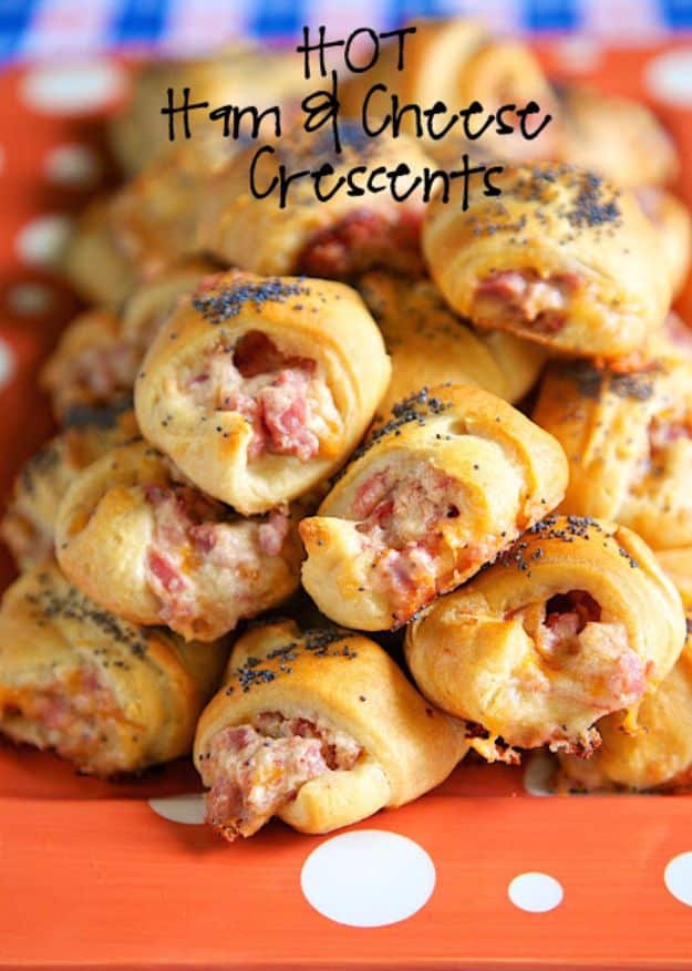 Best Crescent Roll Recipes - Hot Ham And Cheese Crescents - Easy Homemade Dinner Recipe Ideas With Cresent Rolls, Breakfast, Snack, Appetizers and Dessert - With Chicken and Ground Beef, Hot Dogs, Pizza, Garlic Taco, Sweet Desserts #recipes