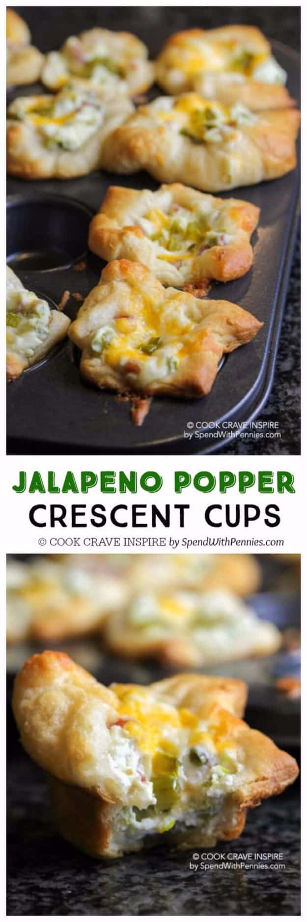 Best Crescent Roll Recipes - Jalapeno Popper Crescent Cups - Easy Homemade Dinner Recipe Ideas With Cresent Rolls, Breakfast, Snack, Appetizers and Dessert - With Chicken and Ground Beef, Hot Dogs, Pizza, Garlic Taco, Sweet Desserts #recipes