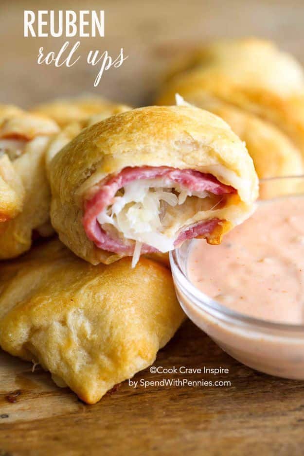 Best Crescent Roll Recipes - Reuben Roll Ups - Easy Homemade Dinner Recipe Ideas With Cresent Rolls, Breakfast, Snack, Appetizers and Dessert - With Chicken and Ground Beef, Hot Dogs, Pizza, Garlic Taco, Sweet Desserts #recipes