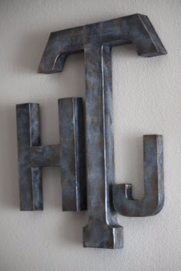 DIY Wall Letters and Word Signs - Aged Metal Letters - Initials Wall Art for Creative Home Decor Ideas - Cool Architectural Letter Projects and Wall Art Tutorials for Living Room Decor, Bedroom Ideas. Girl or Boy Nursery. Paint, Glitter, String Art, Easy Cardboard and Rustic Wooden Ideas - DIY Projects and Crafts by DIY JOY #diysigns #diyideas #diyhomedecor