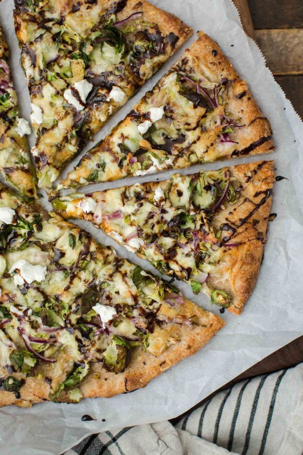 Best Brussel Sprout Recipes - Brussels Sprouts Pizza - Easy and Quick Delicious Ideas for Making Brussel Sprouts With Bacon, Roasted, Creamy, Healthy, Baked, Sauteed, Crockpot, Grilled, Shredded and Salad Recipe Ideas #recipes