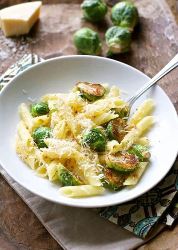 Best Brussel Sprout Recipes - Buttered Brussels Sprouts Penne - Easy and Quick Delicious Ideas for Making Brussel Sprouts With Bacon, Roasted, Creamy, Healthy, Baked, Sauteed, Crockpot, Grilled, Shredded and Salad Recipe Ideas #recipes
