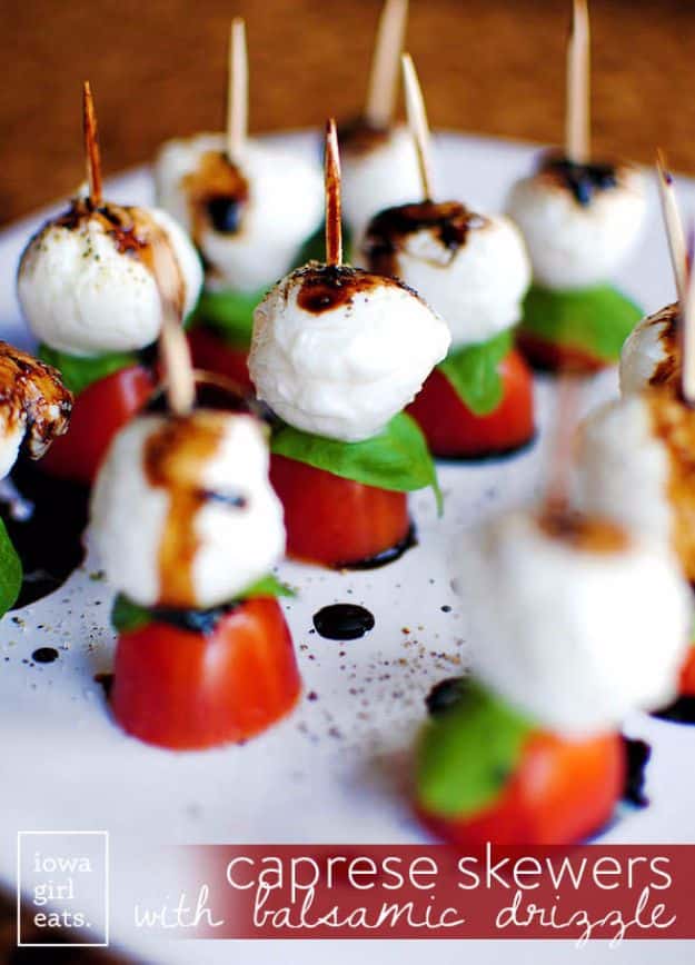 Easy Snacks You Can Make In Minutes - Caprese Skewers with Balsamic Drizzle - Quick Recipes and Tricks for Making After Workout and After School Snack - Fast Ideas for Instant Small Meals and Treats - No Bake, Microwave and Simple Prep Makes Snacking Fun #snacks #recipes