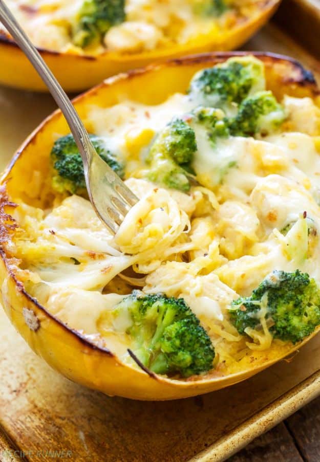 Best Broccoli Recipes - Cheesy Chicken And Broccoli Stuffed Spaghetti Squash - Recipe Ideas for Roasted, Steamed, Fresh or Frozen, Healthy, Cheesy, Soup, Salad, Casseroles and Side Dish Vegetables Made With Broccoli. Shrimp, Chicken, Pasta and Paleo Recipes. Easy Dinner, healthy vegetable recipes 