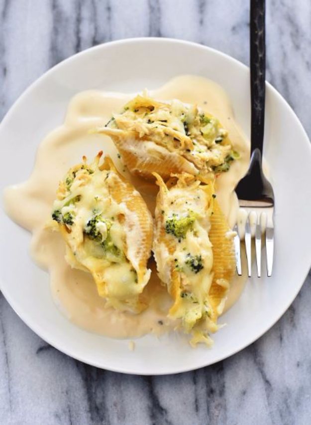 Best Broccoli Recipes - Chicken And Broccoli Alfredo Stuffed Shells - Recipe Ideas for Roasted, Steamed, Fresh or Frozen, Healthy, Cheesy, Soup, Salad, Casseroles and Side Dish Vegetables Made With Broccoli. Shrimp, Chicken, Pasta and Paleo Recipes. Easy Dinner, healthy vegetable recipes 