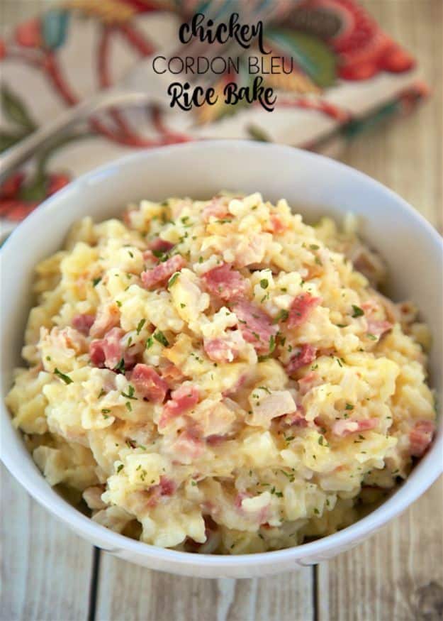 Best Rice Recipes - Chicken Cordon Bleu Rice Bake - Easy Ideas for Quick Meals Made From a Bag of Rice - Healthy Recipes With Brown, White and Arborio Rice - Cheesy, Fried, Asian, Mexican Flavored Dinner Dishes and Side Dishes - DIY Projects and Crafts by DIY JOY 