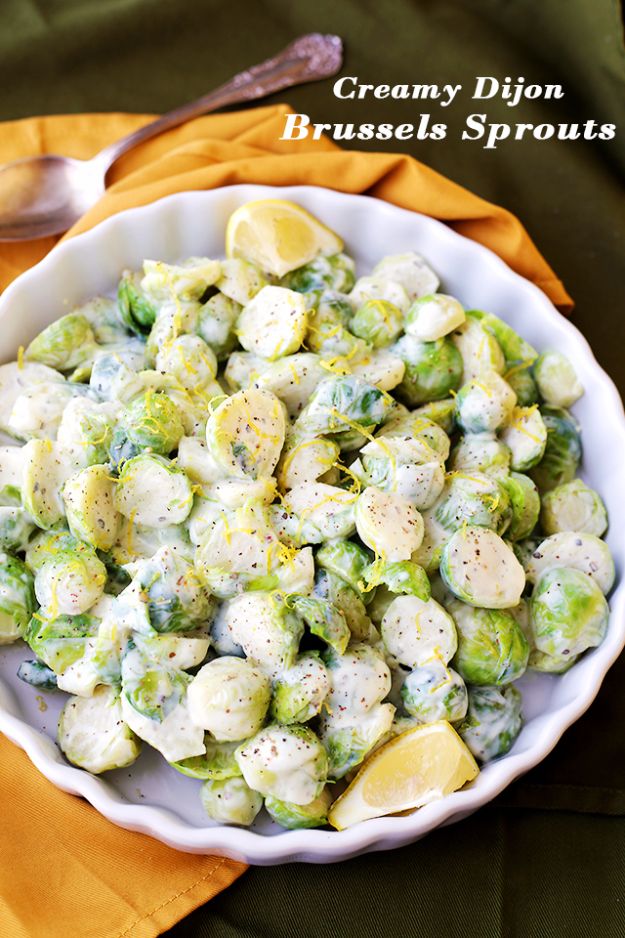 Best Brussel Sprout Recipes - Creamy Dijon Brussels Sprouts - Easy and Quick Delicious Ideas for Making Brussel Sprouts With Bacon, Roasted, Creamy, Healthy, Baked, Sauteed, Crockpot, Grilled, Shredded and Salad Recipe Ideas #recipes