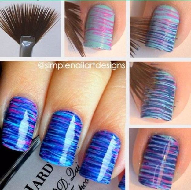 Easy Ways to Paint Nails - DIY Blue and Pink Fan Brush Striped Nail Art - Quick Tips and Tricks for Manicures at Home - Nail Designs and Art Ideas for Simple DIY Pedicures and Manicure at Home - Hacks and Tutorials with Cool Step by Step Instructions and Tutorials - DIY Projects and Crafts by DIY JOY 