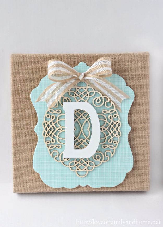 DIY Wall Letters and Word Signs - DIY Burlap Monogram - Initials Wall Art for Creative Home Decor Ideas - Cool Architectural Letter Projects and Wall Art Tutorials for Living Room Decor, Bedroom Ideas. Girl or Boy Nursery. Paint, Glitter, String Art, Easy Cardboard and Rustic Wooden Ideas - DIY Projects and Crafts by DIY JOY #diysigns #diyideas #diyhomedecor