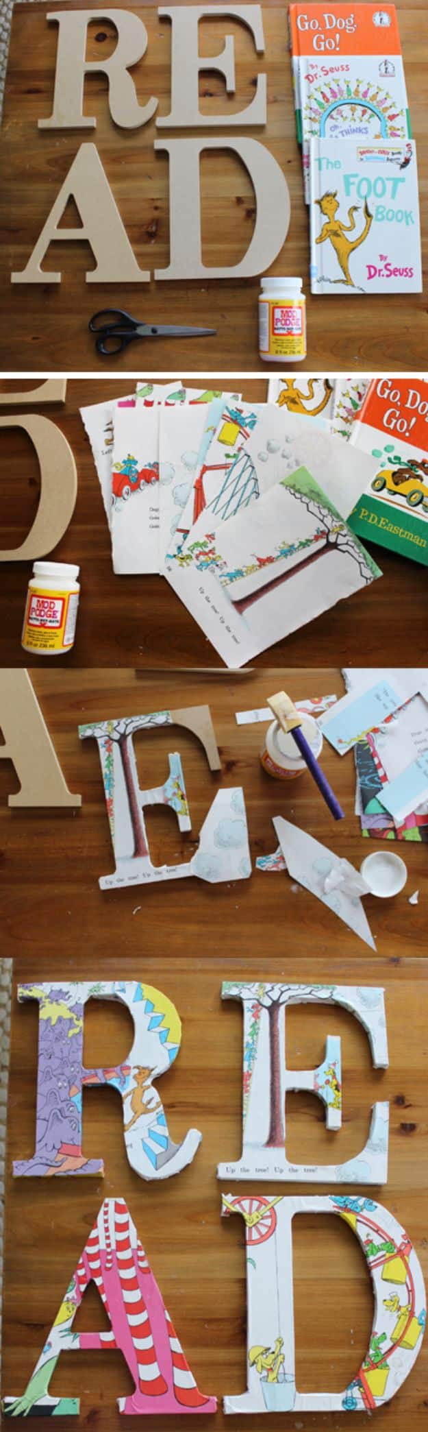 DIY Wall Letters and Word Signs - DIY Decoupage Dr. Seuss Read Sign for Children’s Book Nook - Initials Wall Art for Creative Home Decor Ideas - Cool Architectural Letter Projects and Wall Art Tutorials for Living Room Decor, Bedroom Ideas. Girl or Boy Nursery. Paint, Glitter, String Art, Easy Cardboard and Rustic Wooden Ideas - DIY Projects and Crafts by DIY JOY #diysigns #diyideas #diyhomedecor