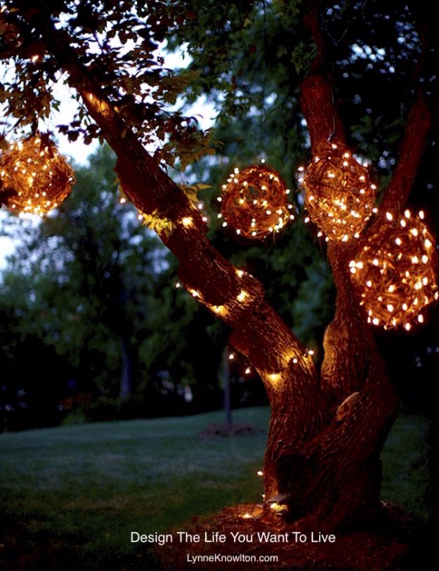 DIY grapevine balls strung with warm twinkle lights, hanging from the branches of a big backyard tree at dusk over a lawn