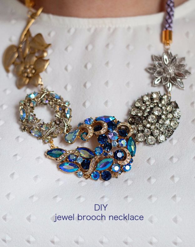 DIY Necklace Ideas - DIY Jewel Brooch Necklace - Easy Handmade Necklaces with Step by Step Tutorials - Pendant, Beads, Statement, Choker, Layered Boho, Chain and Simple Looks - Creative Jewlery Making Ideas for Women and Teens, Girls - Crafts and Cool Fashion Ideas for Women, Teens and Teenagers #necklaces #diyjewelry #jewelrymaking #teencrafts