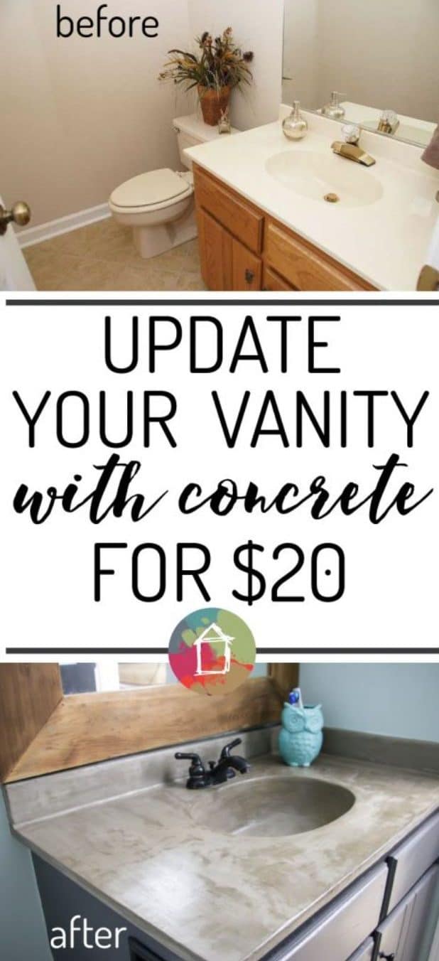 DIY Home Improvement On A Budget - DIY Vanity Concrete Overlay - Easy and Cheap Do It Yourself Tutorials for Updating and Renovating Your House - Home Decor Tips and Tricks, Remodeling and Decorating Hacks - DIY Projects and Crafts by DIY JOY #diy #homeimprovement #diyhome #diyideas #diy