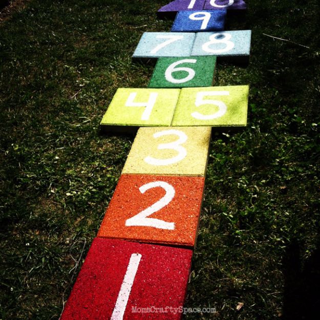 Best DIY Backyard Games - Easy DIY Rainbow Paver Hopscotch - Cool DIY Yard Game Ideas for Adults, Teens and Kids - Easy Tutorials for Cornhole, Washers, Jenga, Tic Tac Toe and Horseshoes - Cool Projects for Outdoor Parties and Summer Family Fun Outside #diy #backyard #kids #games