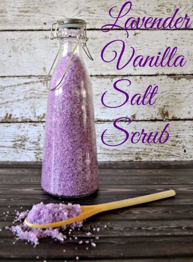 DIY Lavender Recipes and Project Ideas - Lavender Vanilla Salt Scrub - Food, Beauty, Baking Tutorials, Desserts and Drinks Made With Fresh and Dried Lavender - Savory Lavender Recipe Ideas, Healthy and Vegan #lavender #diy