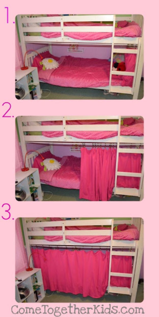 Cool DIY Ideas With Tension Rods - No Sew Bottom Bunk Fort - Quick Do It Yourself Projects, Easy Ways To Save Money, Hacks You Can Do With A Tension Rod - Window Treatments, Small Spaces, Apartments, Storage