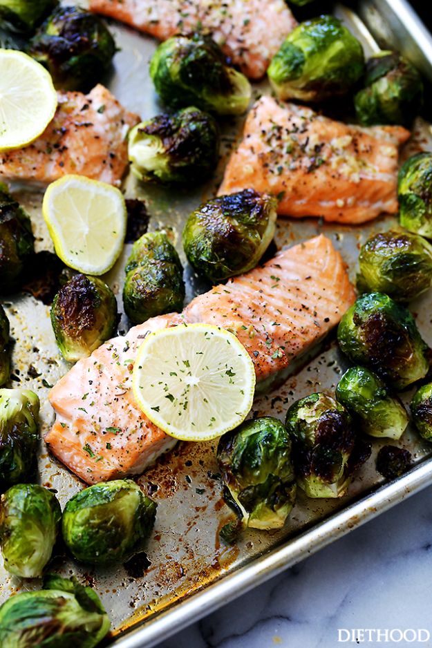 Best Brussel Sprout Recipes - One Sheet Pan Garlic Roasted Salmon With Brussels Sprouts - Easy and Quick Delicious Ideas for Making Brussel Sprouts With Bacon, Roasted, Creamy, Healthy, Baked, Sauteed, Crockpot, Grilled, Shredded and Salad Recipe Ideas #recipes