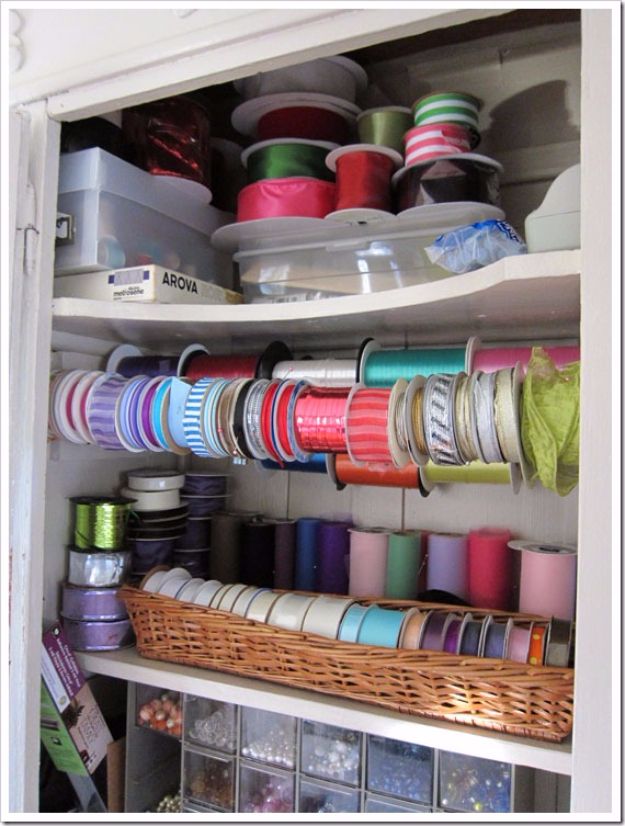 Cool DIY Ideas With Tension Rods - Organize Crafting Materials - Quick Do It Yourself Projects, Easy Ways To Save Money, Hacks You Can Do With A Tension Rod - Window Treatments, Small Spaces, Apartments, Storage