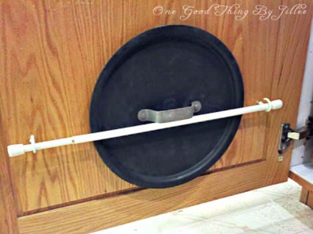 Cool DIY Ideas With Tension Rods - Organize Lids Of Pots And Pans - Quick Do It Yourself Projects, Easy Ways To Save Money, Hacks You Can Do With A Tension Rod - Window Treatments, Small Spaces, Apartments, Storage