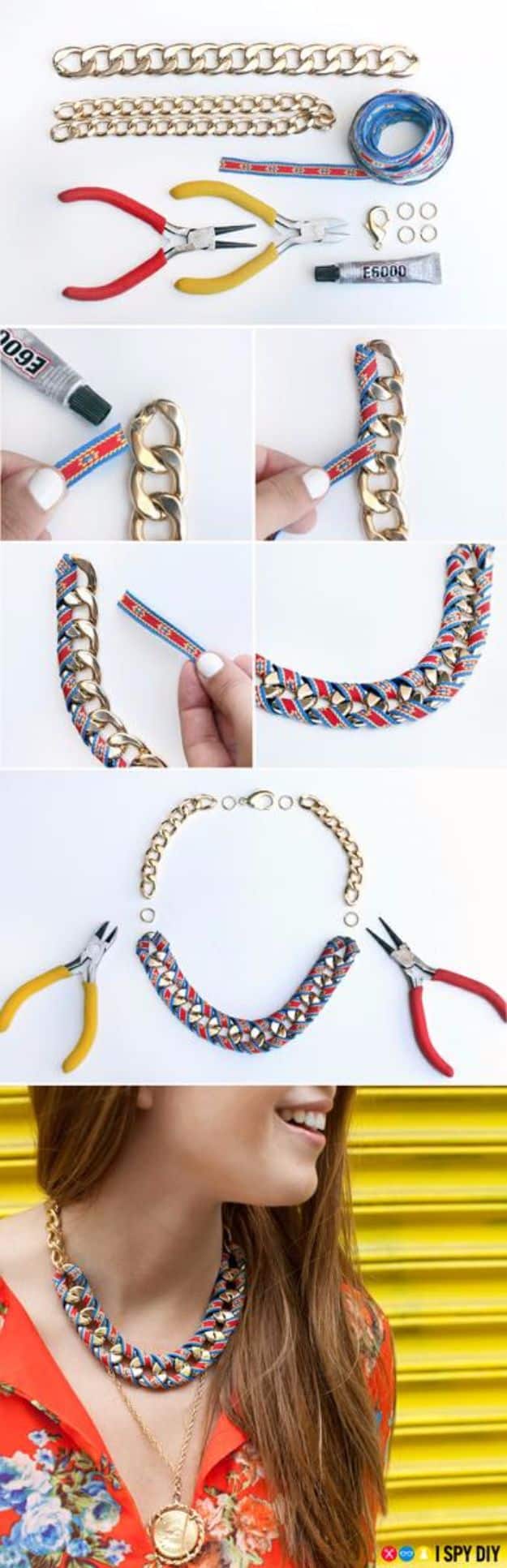 DIY Necklace Ideas - Ribbon Wrap Chain Necklace - Easy Handmade Necklaces with Step by Step Tutorials - Pendant, Beads, Statement, Choker, Layered Boho, Chain and Simple Looks - Creative Jewlery Making Ideas for Women and Teens, Girls - Crafts and Cool Fashion Ideas for Women, Teens and Teenagers #necklaces #diyjewelry #jewelrymaking #teencrafts