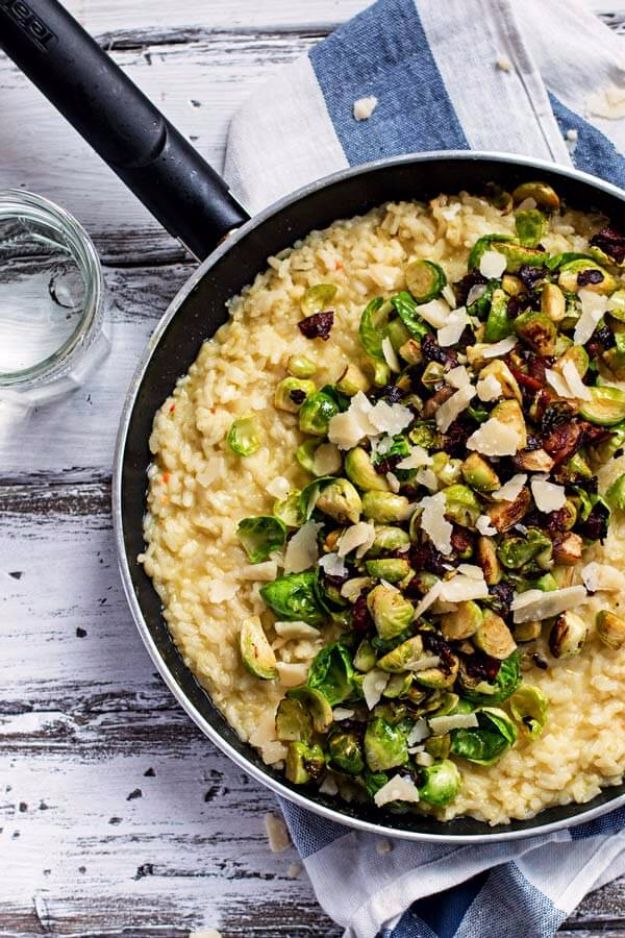 Best Brussel Sprout Recipes - Risotto With Bacon And Brussels Sprouts - Easy and Quick Delicious Ideas for Making Brussel Sprouts With Bacon, Roasted, Creamy, Healthy, Baked, Sauteed, Crockpot, Grilled, Shredded and Salad Recipe Ideas #recipes