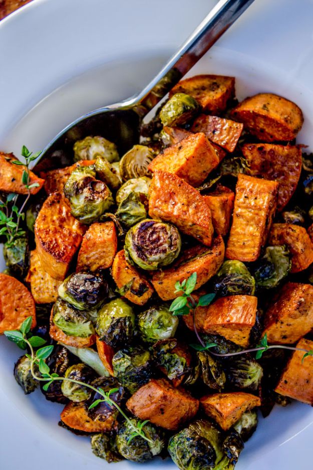 Best Brussel Sprout Recipes - Roasted Sweet Potatoes and Brussels Sprouts - Easy and Quick Delicious Ideas for Making Brussel Sprouts With Bacon, Roasted, Creamy, Healthy, Baked, Sauteed, Crockpot, Grilled, Shredded and Salad Recipe Ideas #recipes