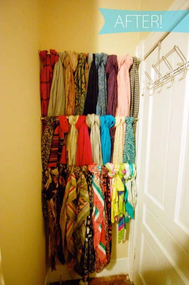 Cool DIY Ideas With Tension Rods - Scarf Rack - Quick Do It Yourself Projects, Easy Ways To Save Money, Hacks You Can Do With A Tension Rod - Window Treatments, Small Spaces, Apartments, Storage