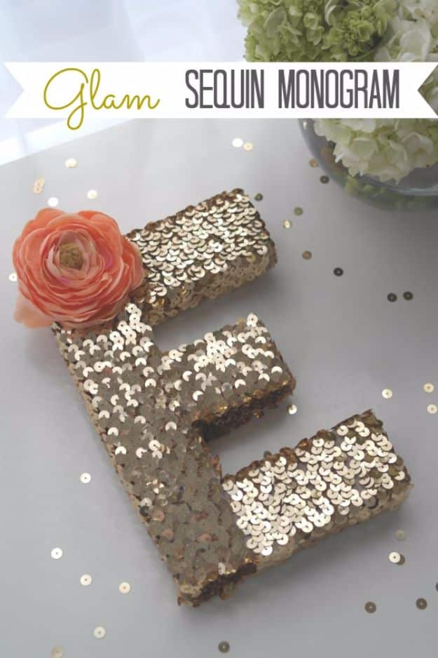 DIY Wall Letters and Word Signs - Sequin Monogram Letter DIY - Initials Wall Art for Creative Home Decor Ideas - Cool Architectural Letter Projects and Wall Art Tutorials for Living Room Decor, Bedroom Ideas. Girl or Boy Nursery. Paint, Glitter, String Art, Easy Cardboard and Rustic Wooden Ideas - DIY Projects and Crafts by DIY JOY #diysigns #diyideas #diyhomedecor