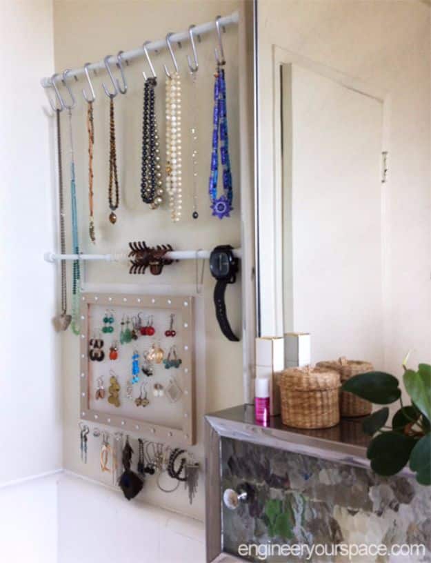 Cool DIY Ideas With Tension Rods - Small Bathroon Jewelry Storage With Tension Rods - Quick Do It Yourself Projects, Easy Ways To Save Money, Hacks You Can Do With A Tension Rod - Window Treatments, Small Spaces, Apartments, Storage