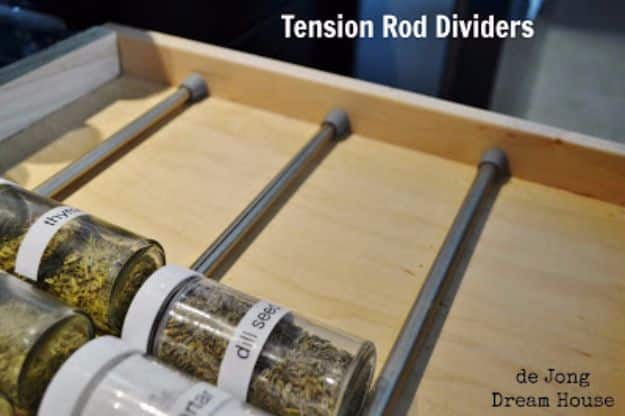 Cool DIY Ideas With Tension Rods - Spice Drawer Divider - Quick Do It Yourself Projects, Easy Ways To Save Money, Hacks You Can Do With A Tension Rod - Window Treatments, Small Spaces, Apartments, Storage