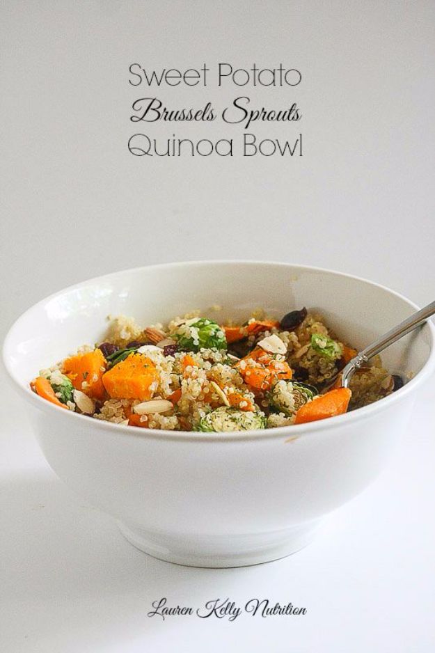 Best Brussel Sprout Recipes - Sweet Potato Brussels Sprouts Quinoa Bowl - Easy and Quick Delicious Ideas for Making Brussel Sprouts With Bacon, Roasted, Creamy, Healthy, Baked, Sauteed, Crockpot, Grilled, Shredded and Salad Recipe Ideas #recipes