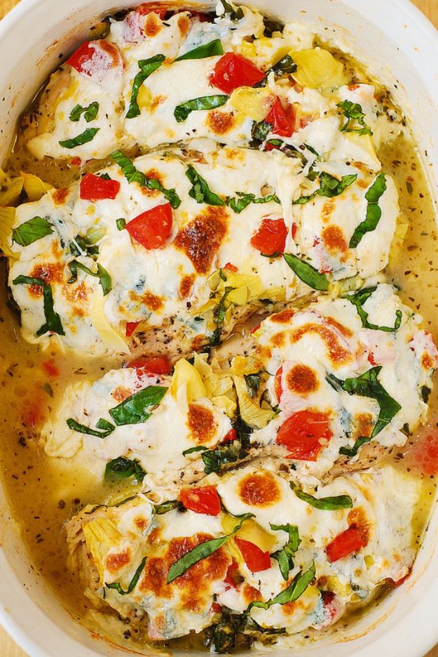 Best Easter Dinner Recipes - Tomato Basil Artichoke Baked Chicken - Easy Recipe Ideas for Easter Dinners and Holiday Meals for Families - Side Dishes, Slow Cooker Recipe Tutorials, Main Courses, Traditional Meat, Vegetable and Dessert Ideas - Desserts, Pies, Cakes, Ham and Beef, Lamb - DIY Projects and Crafts by DIY JOY 