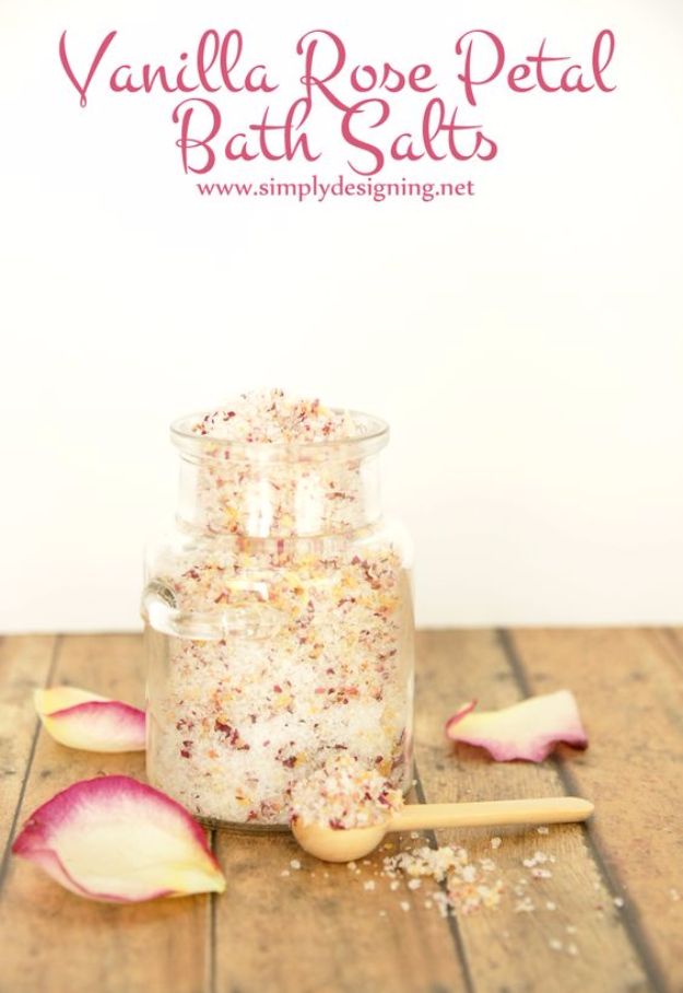 DIY Ideas With Rose Petals - Homemade Bath Salts Recipes - Vanilla Rose Petal Bath Salts Recipe- Cheap DIY Christmas Gifts for Her, Mom, Girlfriend, Wife - Crafts and Do It Yourself by DIY JOY