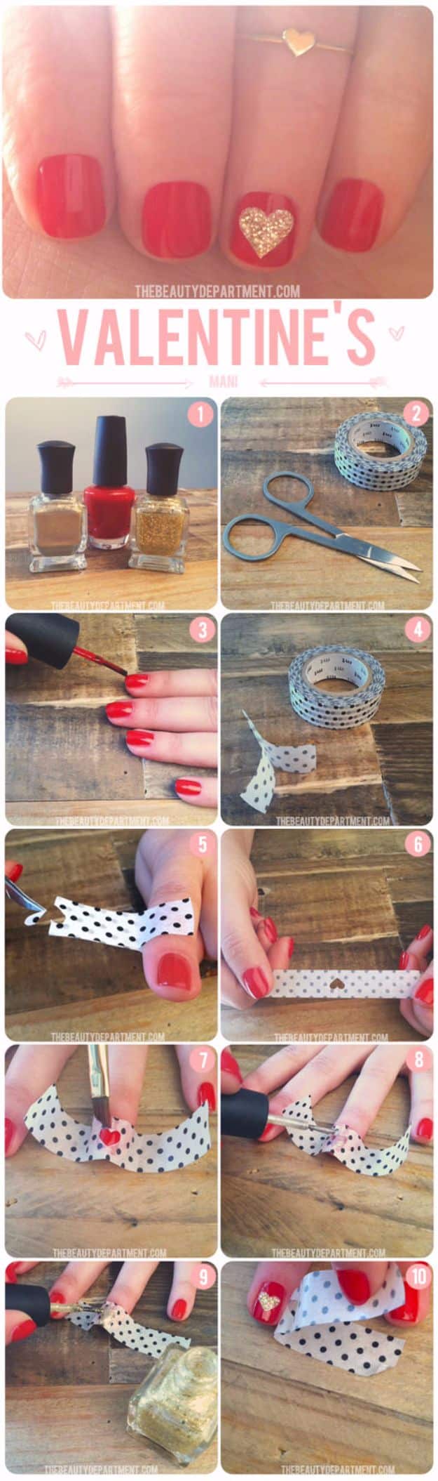 Quick Nail Art Ideas - Washi Tape Glitter Heart - Easy Step by Step Nail Designs With Tutorials and Instructions - Simple Photos Show You How To Get A Perfect Manicure at Home - Cool Beauty Tips and Tricks for Women and Teens 