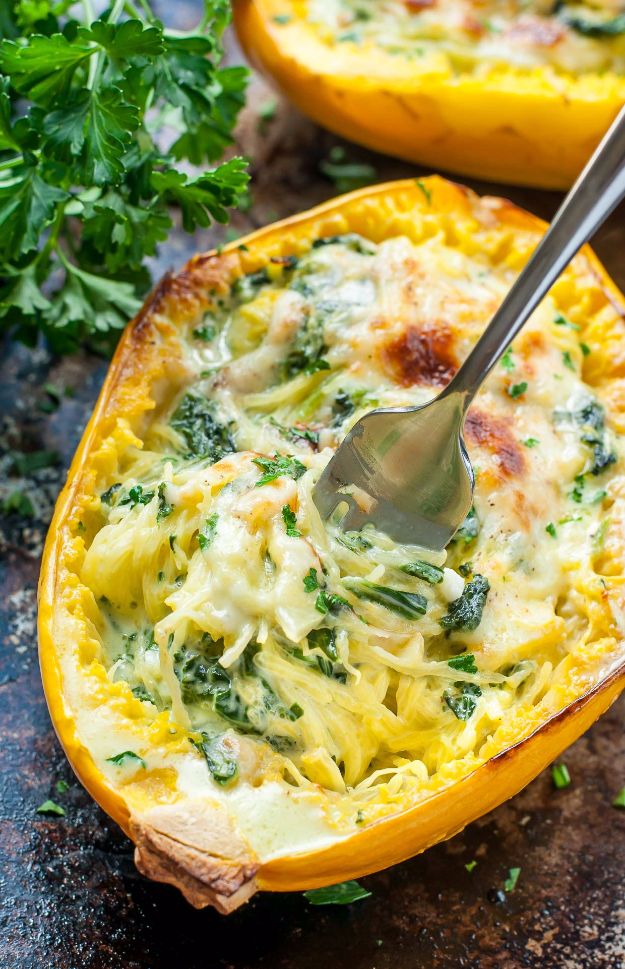 Best Spinach Recipes - Cheesy Garlic Parmesan Spinach Spaghetti Squash - Easy, Healthy Lowfat Recipe Ideas for Dinner, Salads, Lunches, Sides, Smoothies and Even Dessert - Qucik and Creative Ideas for Vegetables - Cheesy, Creamed, Country Style Favorites for Family and For Kids #recipes #vegetablerecipes #spinach