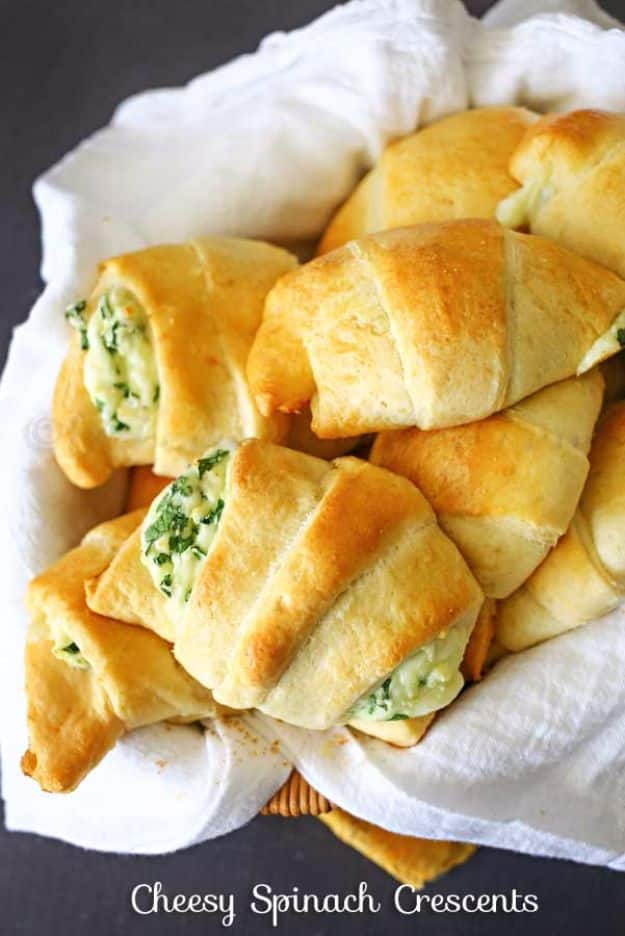 Best Spinach Recipes - Cheesy Spinach Crescents - Easy, Healthy Lowfat Recipe Ideas for Dinner, Salads, Lunches, Sides, Smoothies and Even Dessert - Qucik and Creative Ideas for Vegetables - Cheesy, Creamed, Country Style Favorites for Family and For Kids #recipes #vegetablerecipes #spinach