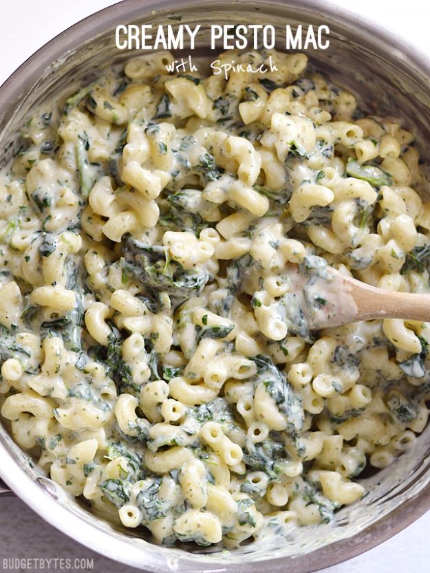 Best Spinach Recipes - Creamy Pesto Mac With Spinach - Easy, Healthy Lowfat Recipe Ideas for Dinner, Salads, Lunches, Sides, Smoothies and Even Dessert - Qucik and Creative Ideas for Vegetables - Cheesy, Creamed, Country Style Favorites for Family and For Kids #recipes #vegetablerecipes #spinach