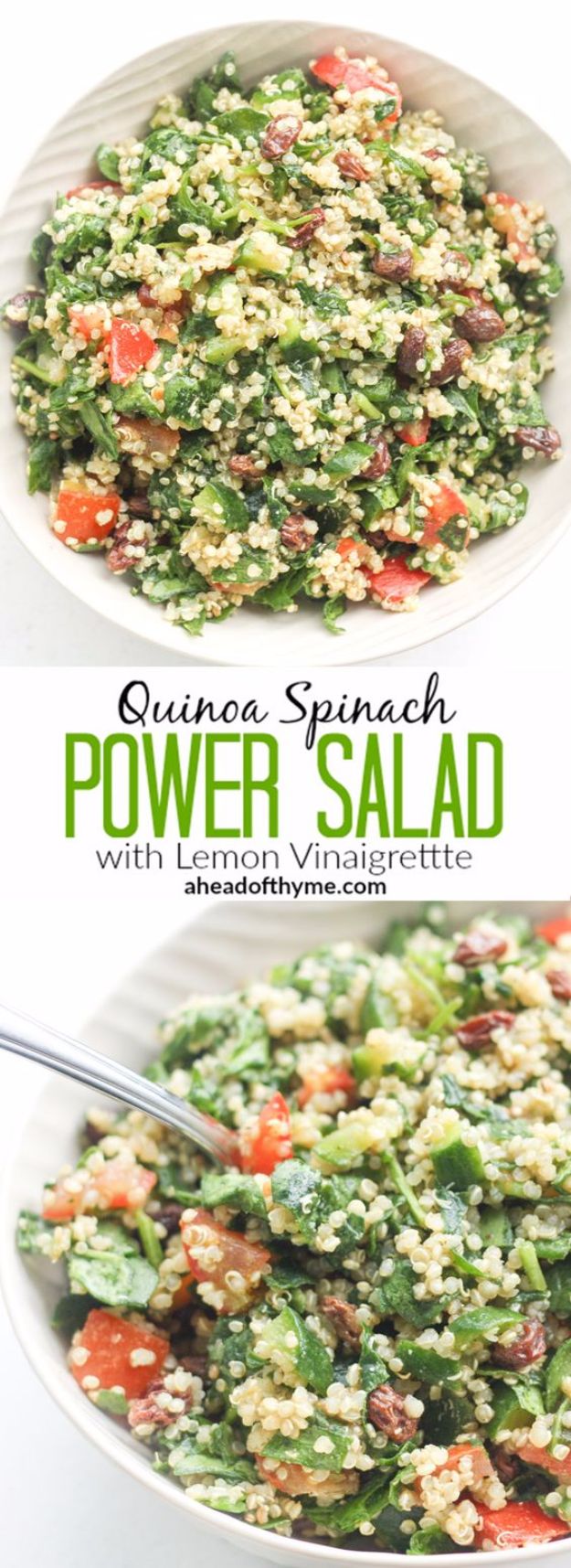 Best Spinach Recipes - Quinoa Spinach Power Salad - Easy, Healthy Lowfat Recipe Ideas for Dinner, Salads, Lunches, Sides, Smoothies and Even Dessert - Qucik and Creative Ideas for Vegetables - Cheesy, Creamed, Country Style Favorites for Family and For Kids #recipes #vegetablerecipes #spinach